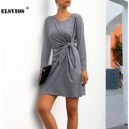 Autumn Summer Fashion Women Elegant O Neck Loose Waist A-line Dress Casual Tie Long Sleeve Short Dress Temperament Party Dress