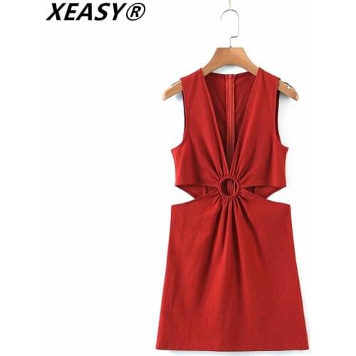 XEASY Women’s Summer Sexy Sleeveless Suspender Fashion Solid Color Ring Hollow V-neck Skinny Short Mini Dress