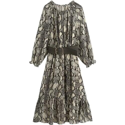 Women 2021 Fashion With Belt Snake Print Midi Dress Vintage Chic Long Sleeve Elastic Waist Ruffled Female Dresses Mujer