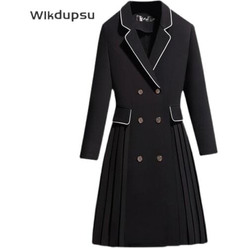 Stylish Vintage Office Blazer Dress For Women Ladies Double Breasted Long Sleeve Pleated Dresses Autumn Winter Work Formal Wear