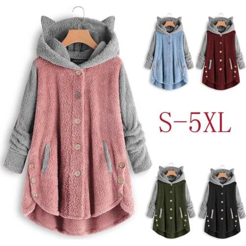 Women Winter Plush Hooded Coat Plus Size Buttons Faux Fur Fluffy Jacket Cute Ears Soft Causal Sweatshirt Streetwear Clothing