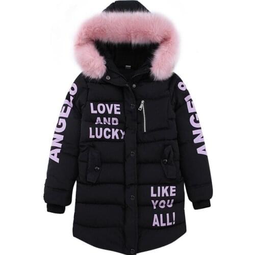 Girls winter plus velvet thick mid-length down jacket girl letter print big fur collar hooded pure cotton warm cotton coat