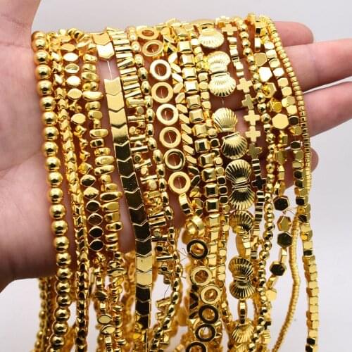 Gold Natural Stone Shell Cross Square Faceted Round Beads Plated Gold Hematite beads Loose Spacer beads For Jewelry Making DIY