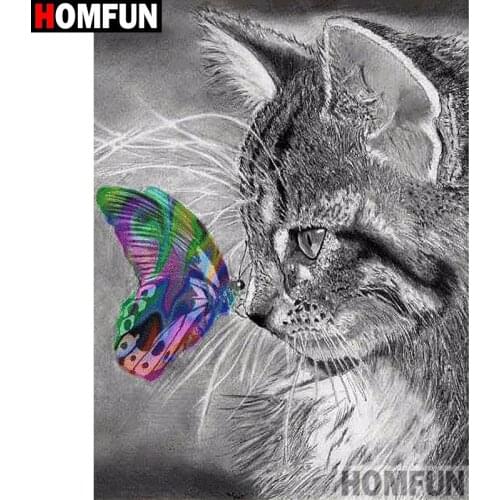 HOMFUN Full Square/Round Drill 5D DIY Diamond Painting "Cat butterfly" Embroidery Cross Stitch 5D Home Decor A01115