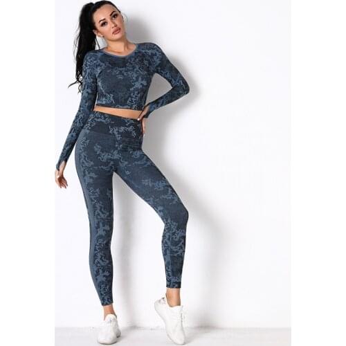 Seamless Camouflage Yoga Set Women T-Shirts Long Sleeve Crop Top Shirt Leggings Tracksuit Outfit Gym Clothing Sport Fitness Suit
