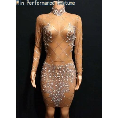 Sparkly Rhinestones Sexy Mesh See Through Dress with Long Sleeve Women Birthday Prom Party Dress Bling Bodycon Nightclub Outfit