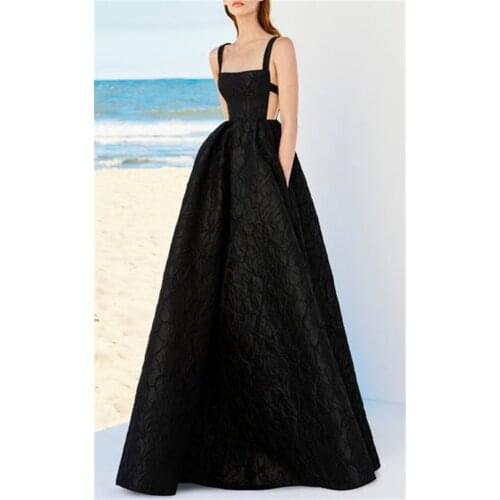 Black Long Lace Prom Dresses with Pockets 2021 Spaghetti Straps Backless Formal Evening Dress Robe De Soiree