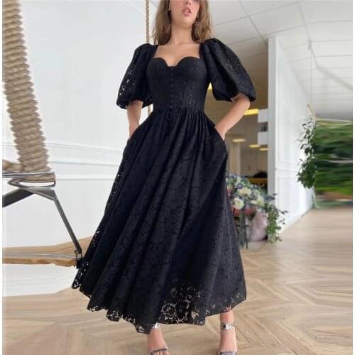 Black Lace Evening Party Dresses Half Puff Sleeves Heart Shape Neck Buttons Front Ankle Length Prom Gown With pocket