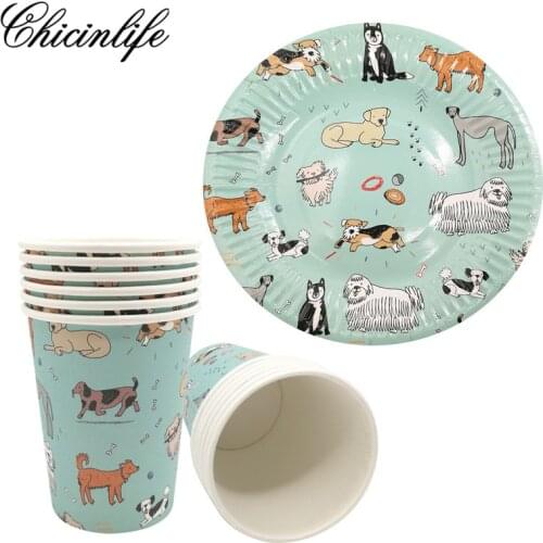 Chicinlife 6Pcs Cute Pet Dog Happy Birthday Paper Plates Cups Tableware 1st Birthday Baby Showe Decoration Party Supplies