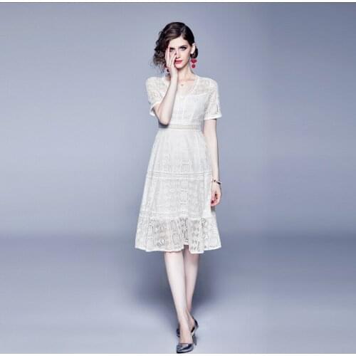 European Summer Dresses Women V Neck Lace Patchwork A-Line OL Office Casual Dress Slim Hollow Out Sexy Vestido