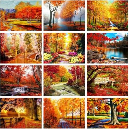 Round Full Diamond Painting Autumn Cross Stitch Kit 5D DIY Mosaic Embroidery Landscape Tree Full Square Rhinestone Crafts Gift