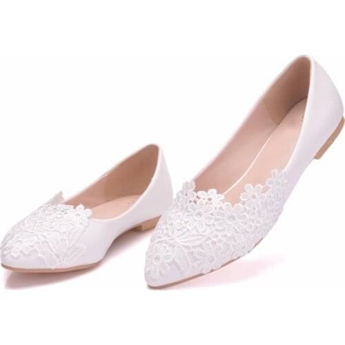 LOVIRS Flat Lace Wedding Shoes Slip on White Pointed Toe Casual Dress Flat Shoes Womens Shoes Plus Size 34-43