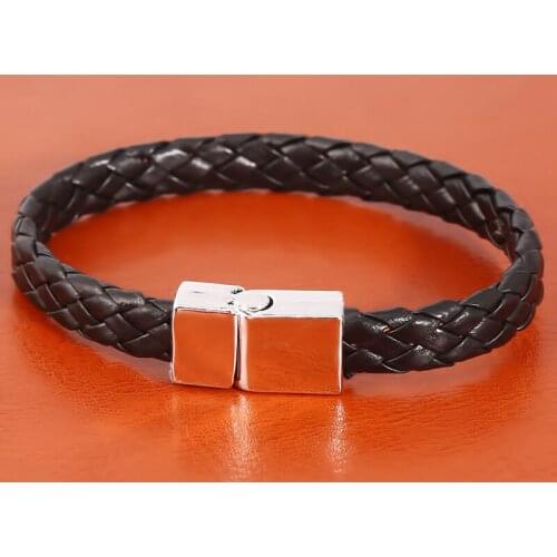 Punk Men Jewelry Black Braided Leather Bracelet Stainless Steel Magnetic Clasp Fashion Bangles 21cm