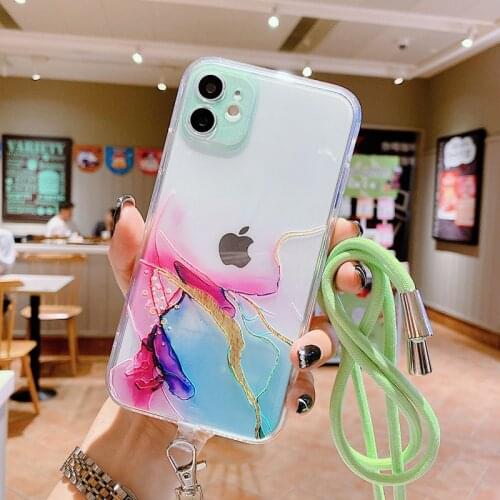 Watercolor Painting Strap Cord Chain Phone Case For iPhone 11 Pro 12 Pro Max X XR XS Max 7 8 Plus SE 2020 Clear Soft TPU Cover