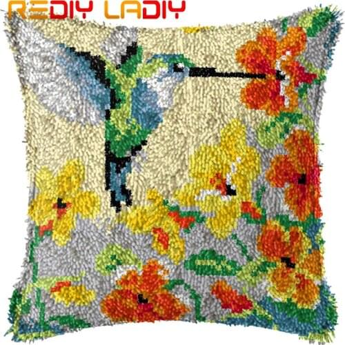 Latch Hook Cushion Hummingbird Pre-Printed Canvas Cushion Cover Acrylic Yarn Crochet Pillow Case Kits Hobby & Crafts Home Decor