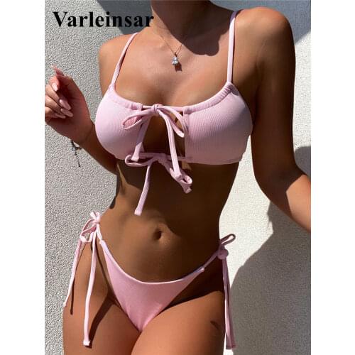 New Strappy Lace Up Ribbed Neon Green Bikini Women Swimwear Female Swimsuit Two-piece Bikini set Bather Bathing Suit Swim V3044P