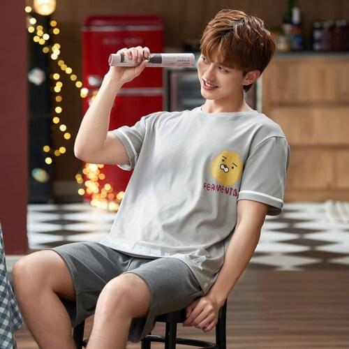Summer Round Neck Men Pajamas Set Short Sleeve Shorts 2 Piece Suit Funny Cartoon Print Sleepwear Large Size Cotton Men Homewear