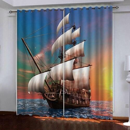 Custom blue room curtains Blackout 3D Window Curtains For Living Room blue sea boat curtains