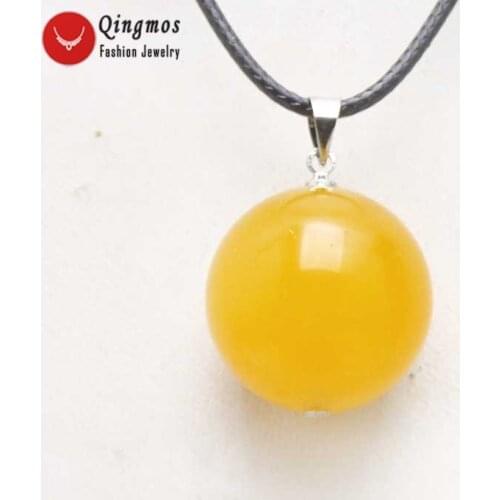 Qingmos 18mm Yellow Round Natural Jades Pendants & Necklace With Black 17-18" Cord-nec5944 wholesale/retail Free ship