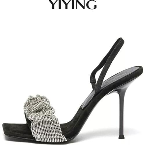 Crystal Bling Women Sandals Gladiator Thin High Heels Party Dress Shoes Woman Rhinestone Pleated Designer Summer Sandalias Mujer