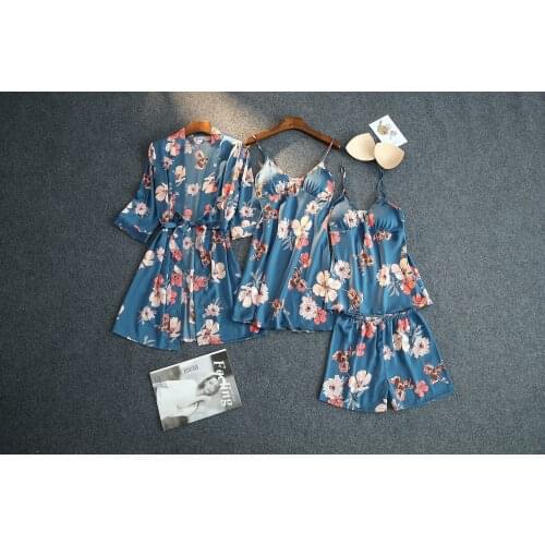 Silk Robe Womens Pajama Sets Printed Sleepwear 4-Piece Set Negligee Sexy Home Clothes For Women Dress Sleep Lounge Underwear