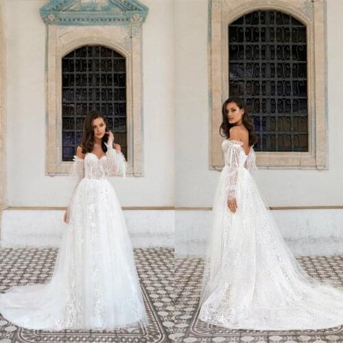 2021 Wedding Dresses Sweetheart Long Sleeves Lace Appliques Beach Bridal Gowns Sexy Backless Sweep Train A Line Wedding Dress