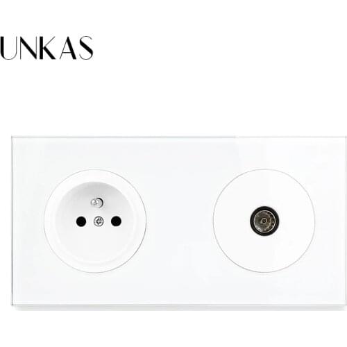 UNKAS 2 Gang Crystal Tempered Pure Glass Panel French Standard Wall Socket + Female TV Connector Jack 172mm * 86mm