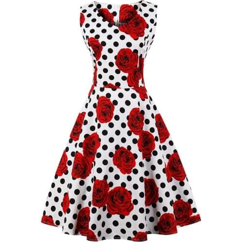 Sleeveless Flowers Print Cotton Vintage Dress Women 1970S Audrey Hepburn Polk Dot Swing Dress Vestidos