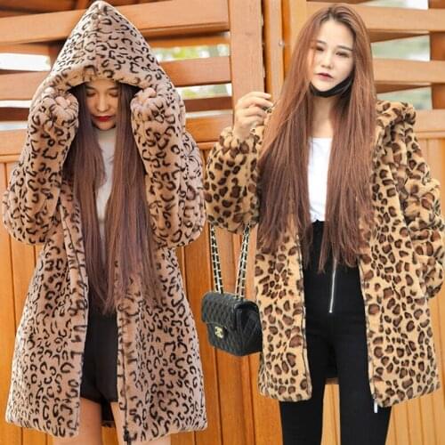 Women 2021 Fashion Winter Thick Leopard Hooded Jacket Ladies Loose Warm Faux Fur Coat Female Casual Long Sleeve Outerwear Z611