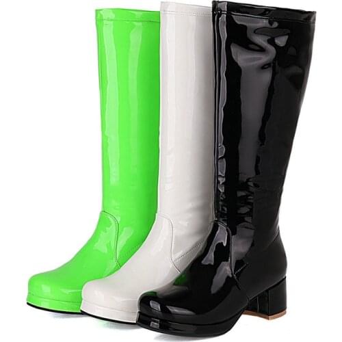 Autumn Winter Fluorescent Green Lolita Womens Boots Fashion Zipper Patent Leather Knee High Boots Comfort Square Low Heel Shoes