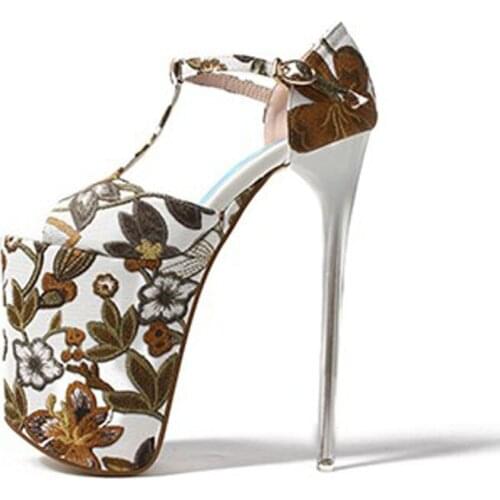 Extreme High Heels 19cm Women Pumps Peep Toe Party Wedding Shoes T-Strap Flower Sexy Gladiator Platform Ladies Shoes Size 34-43