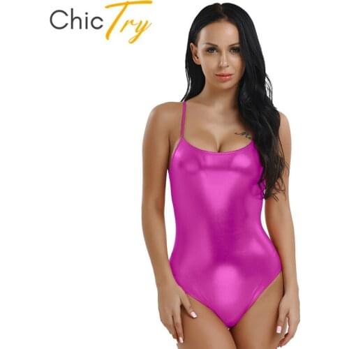 ChicTry Women Shiny Patent Leather Ballet Leotard Adult Spaghetti Straps One-piece Gymnastics Leotard Bodysuit Stage Dance Wear