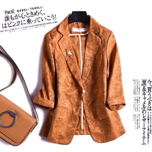 2021 Autumn Fashion Womens Coat Jacquard Print Suit Jacket Slim Seven Sleeve Pockets Office Lady Notched Pink Blue Blazer Femme