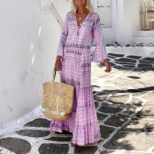 Women Summer V Neck Boho Party Dress Vintage Casual Geometric Print Ladies Maxi Dress New Elegant Flare Sleeve Long Beach Dress