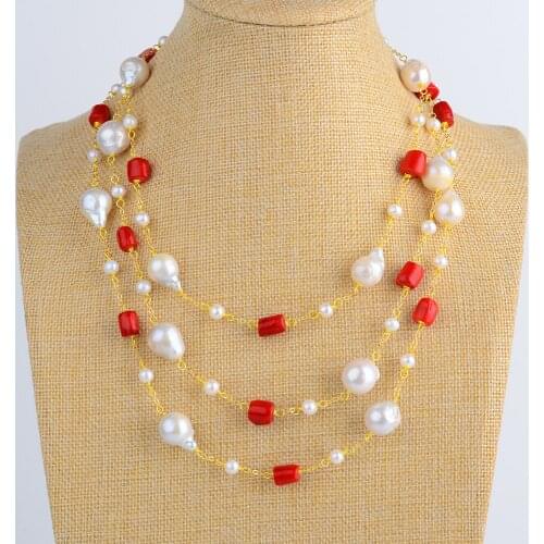 Womens Natural 64" Red Coral White Keshi Freshwater Cultured Pearl Necklace