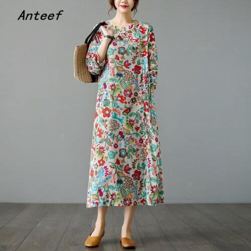 Anteef long sleeve cotton vintage floral dresses for women casual loose spring summer autumn dress elegant clothing 2021