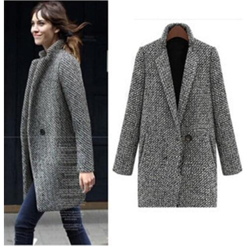 Winter Coat Women Houndstooth Woolen Coat Fashion Cotton Blend Single Button Pocket Oversize Trench Coat Outerwear Femme