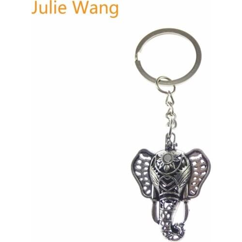 Julie Wang 1PCS Alloy White K Creative Elephant With Lava Stone Keychains Keyrings Key Holder Charm Women/Mens Fashion Jewelry