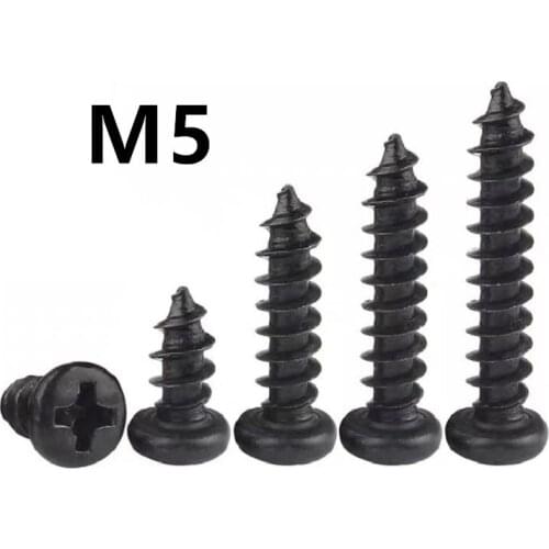 100PCS GB845 M5x10/12/14/16/18/20/25/30/35/40/100mm PA Black 304 stainless steel round head micro pan head cross tapping screw