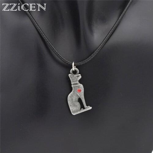 2018 Personality Ancient Egyptian Goddess Bastet Red Crystal Vintage 3D Cat Pendant Collar Leather Rope Necklace Gift Jewelry