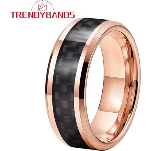 8MM Rose Gold Tungsten Carbide Engagement Rings For Women Men Black Carbon Fiber Inlay Comfort Fit