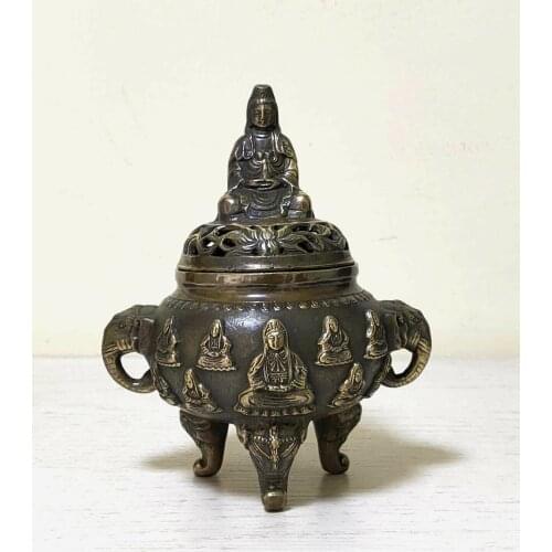 Antiques Old Bronze Censer Kwan-yin lucky incense burner