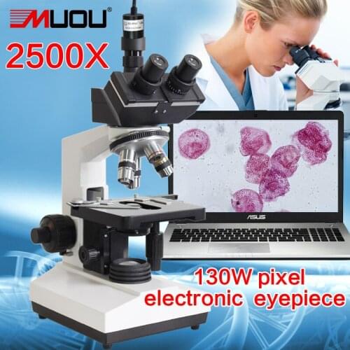 Free shipping! Lab Compound Microscope--MUOU 2500X LED Lab Trinocular Microscope Metal student +1.3MP electronic eyepiece