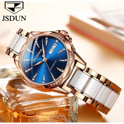JSDUN Brand Diamond Watch Fashion Automatic Mechanical Watch Waterproof Date Ceramic Strap Ladies Watch Relógio Feminino 8821