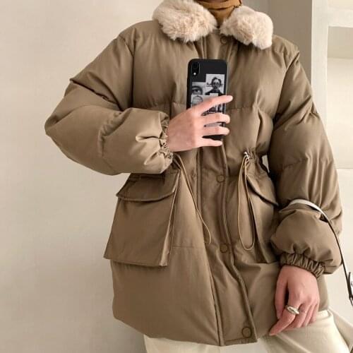 Winter imitation rabbit fur womens cotton jacket waist thinner cotton jacket womens cotton jacket loose cotton jacket