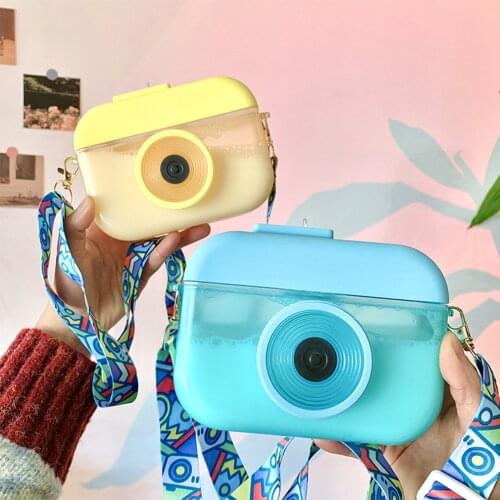 400ml Ins Cute Camera Kettle Creative Kids Water Bottle With Straw Outdoor Anti Fall Portable Strap Plastic Drinking Water Cup