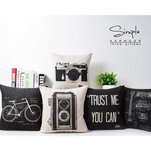 Camera pillow cover, Retro Black white simplicity Camera Cycling Guitar cartoon throw pillow case pillowcase wholesale