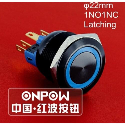 ONPOW 22mm ON-OFF Latching 1NO1NC IP65 Ring illuminated Black Aluminium alloy Push button switch (GQ22-11ZE/A) CE, ROHS