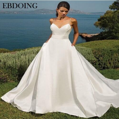Newest Wedding Dress A-line Stain Spaghetti Straps V-neck Neckline With Bow Bride Dress Vestidos de Novia Plus Size Wedding Gown