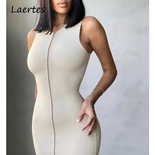 Summer Women Midi Long Dress O Neck Sleeveless Off White And Brown Solid Bodycon Tank Dresses Casual Clothes Female Streetwear